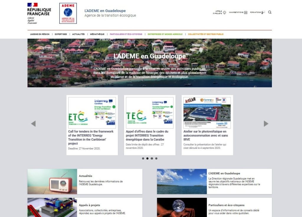 refonte du site ademe Guadeloupe page accueil
